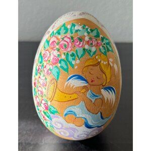 Russian Handpainted Wooden Egg Angel Flowers Easter